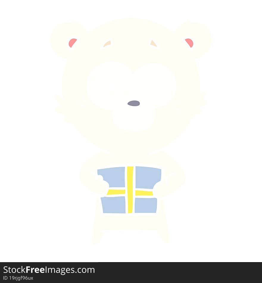 Nervous Polar Bear Flat Color Style Cartoon With Gift