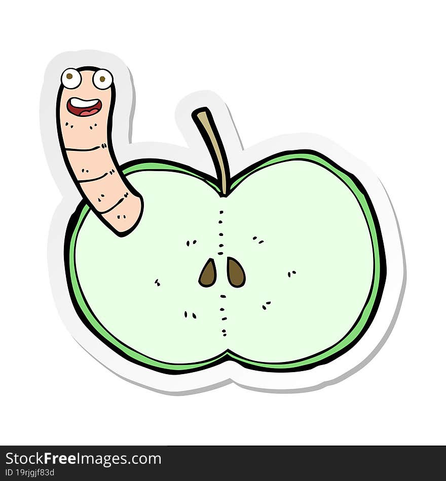 sticker of a cartoon apple with worm