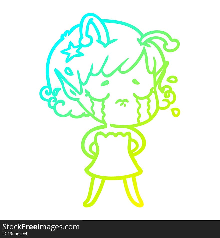 cold gradient line drawing of a cartoon crying alien girl