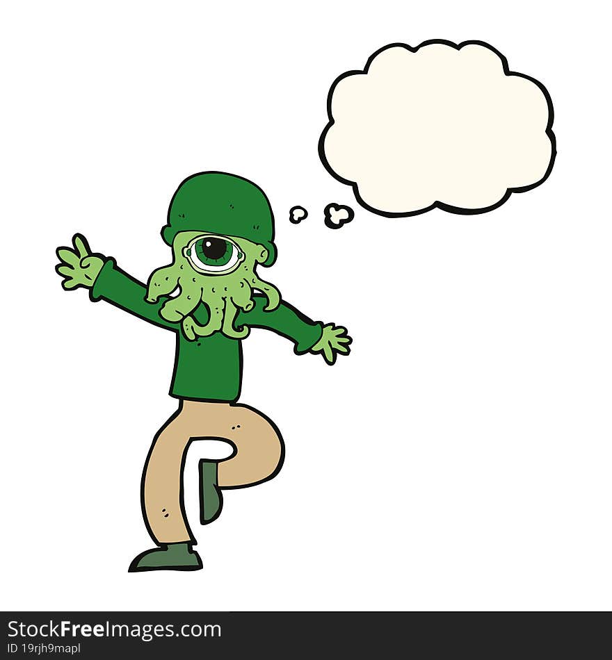 cartoon alien monster man with thought bubble