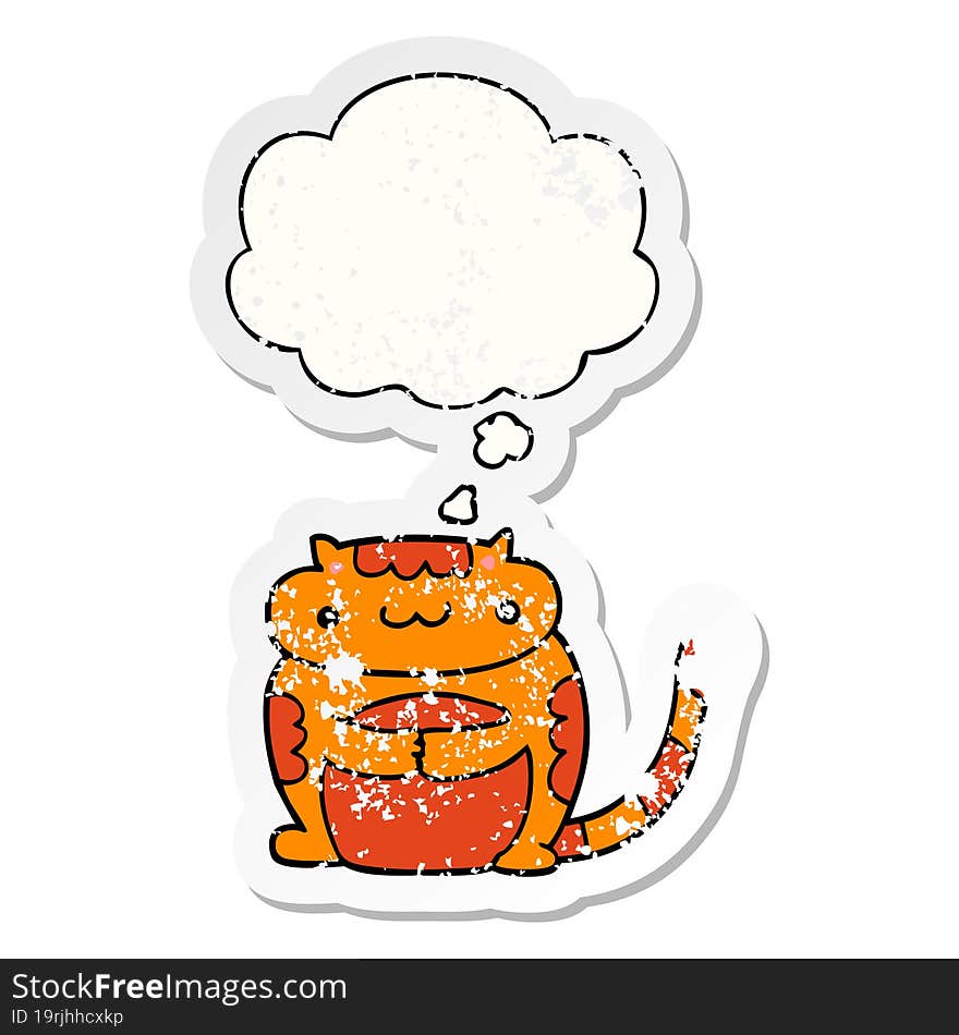 cute cartoon cat with thought bubble as a distressed worn sticker