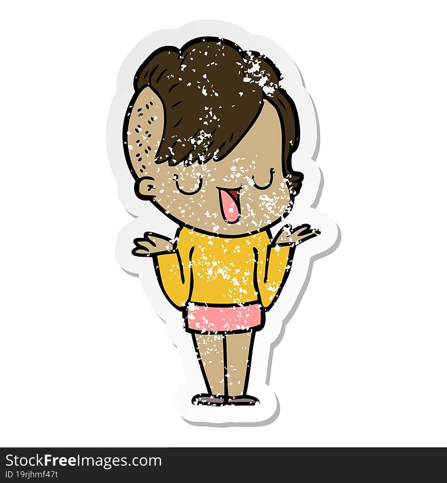 Distressed Sticker Of A Cute Cartoon Girl With Hipster Haircut