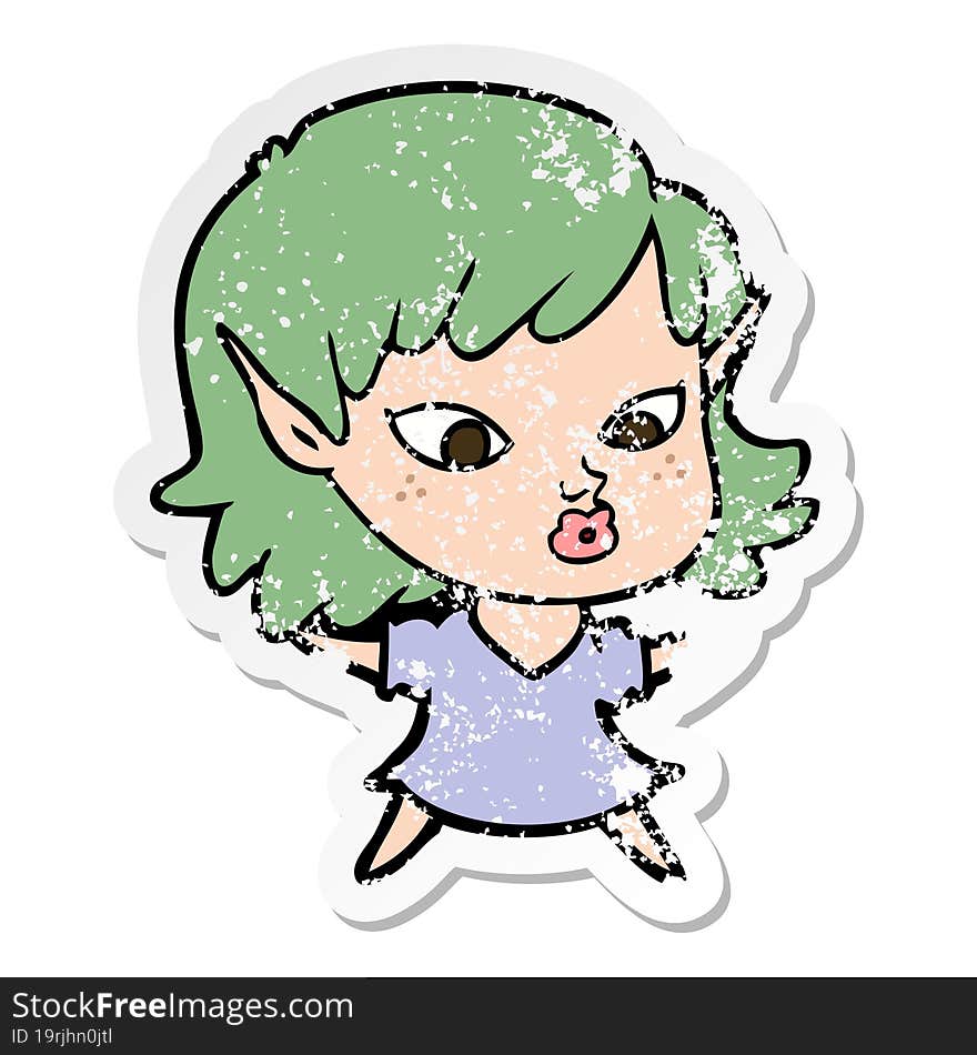 distressed sticker of a pretty cartoon elf girl