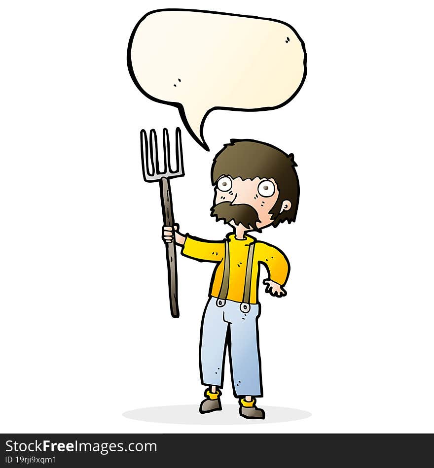 cartoon farmer with pitchfork with speech bubble