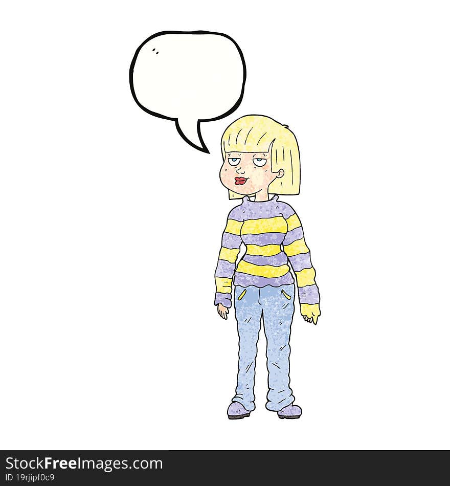 freehand speech bubble textured cartoon woman in casual clothes