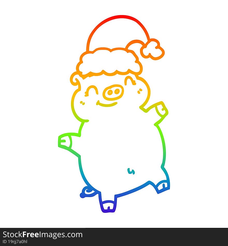 rainbow gradient line drawing of a cartoon happy christmas pig