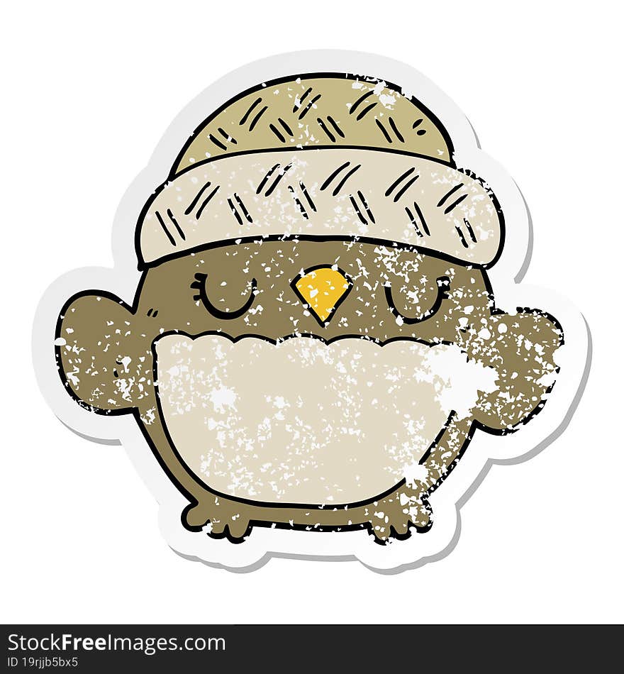 distressed sticker of a cute cartoon owl in hat