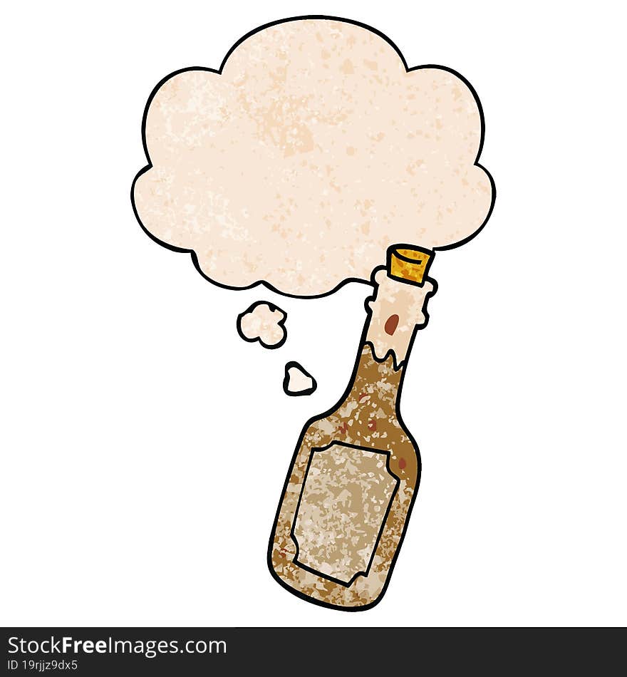 cartoon beer bottle and thought bubble in grunge texture pattern style