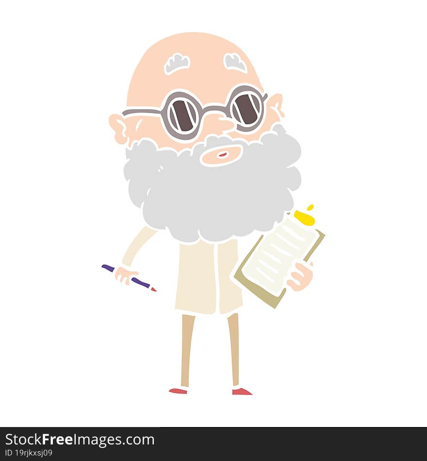 flat color style cartoon curious man with beard and sunglasses