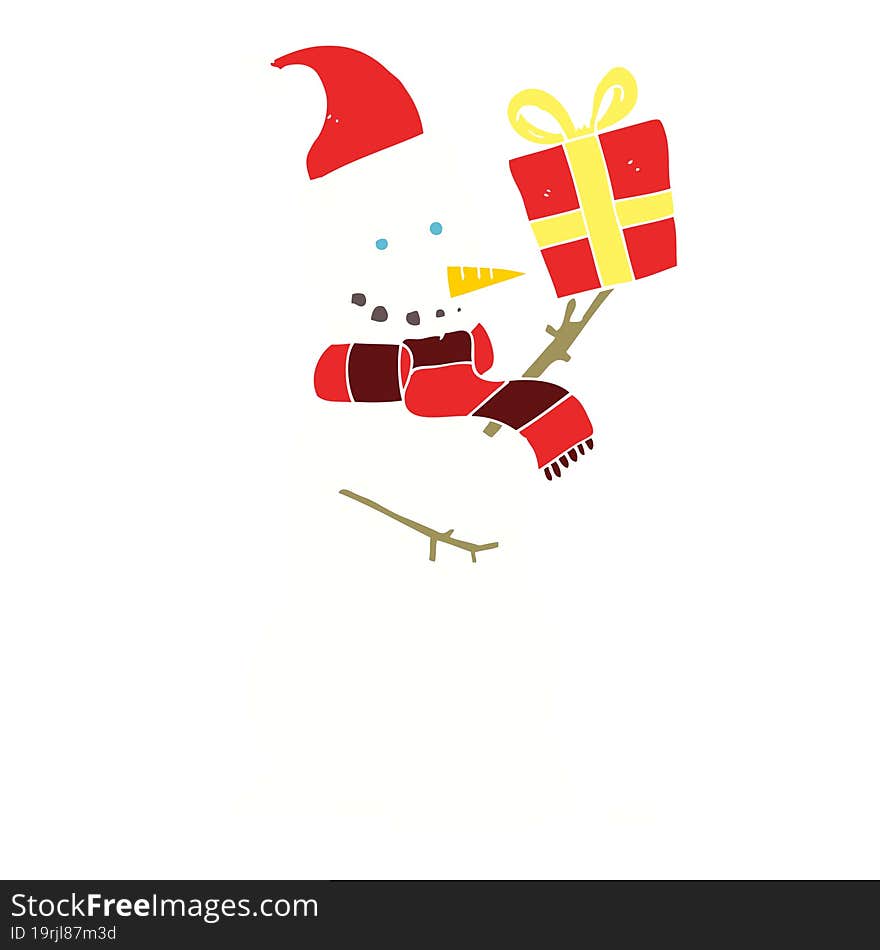 flat color illustration of snowman holding present. flat color illustration of snowman holding present