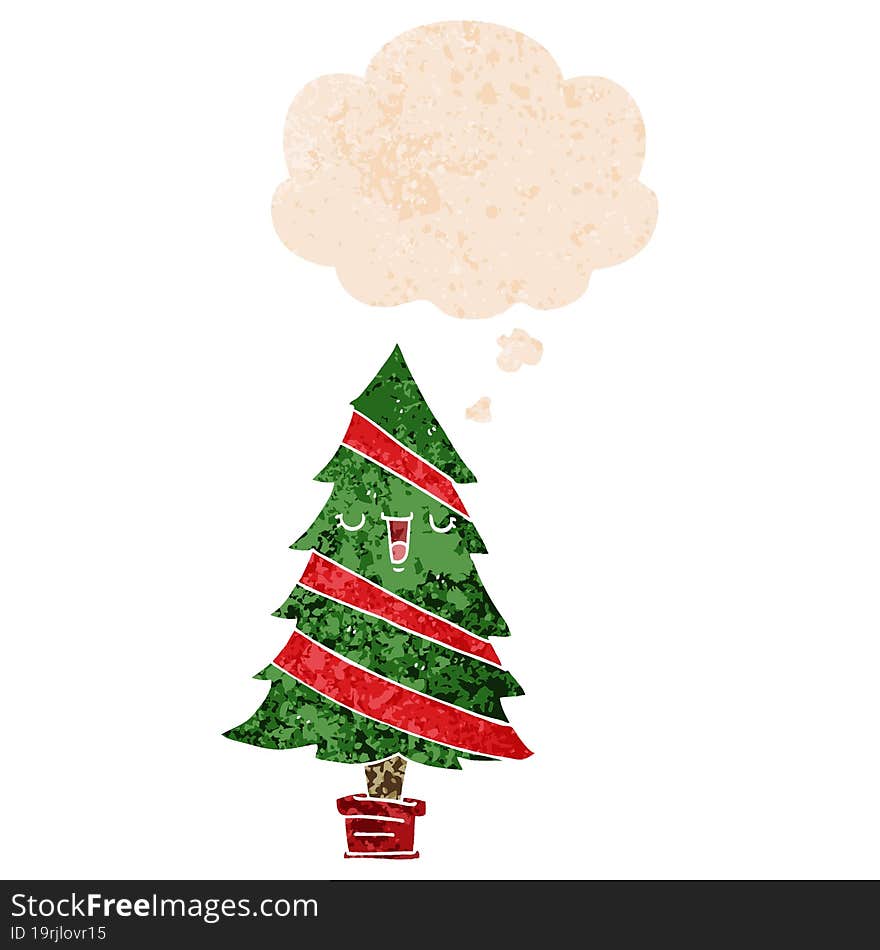 Cartoon Christmas Tree And Thought Bubble In Retro Textured Style