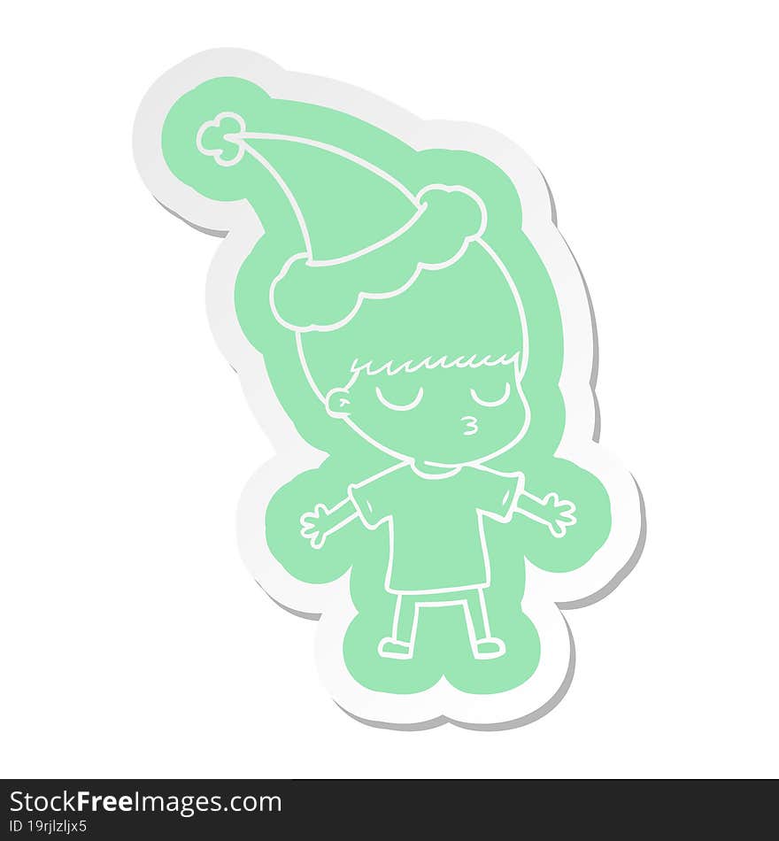 cartoon  sticker of a calm boy wearing santa hat