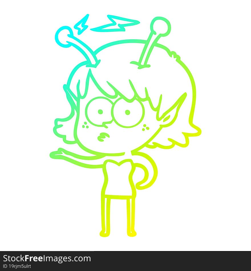 cold gradient line drawing of a cartoon alien girl