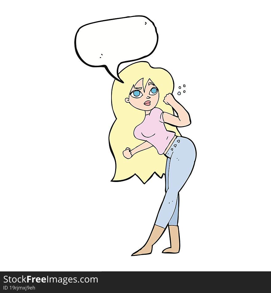 cartoon woman raising fist with speech bubble