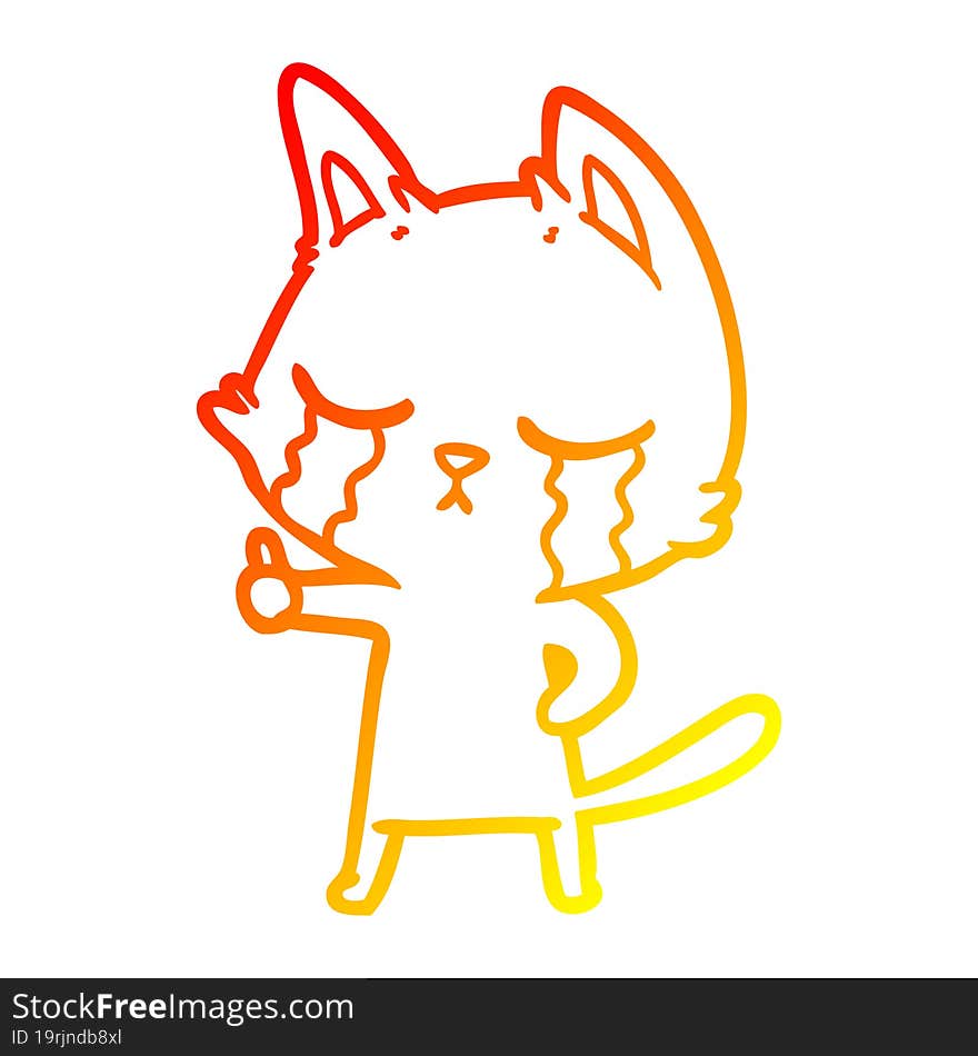 warm gradient line drawing of a crying cartoon cat