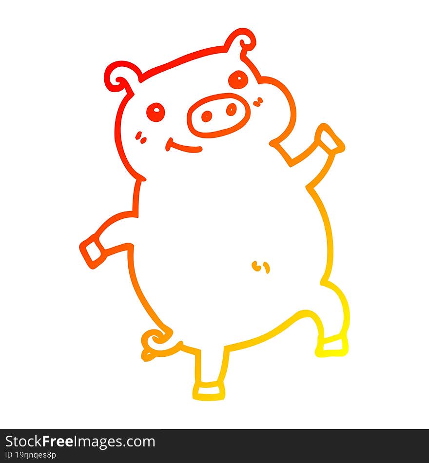 warm gradient line drawing of a cartoon dancing pig