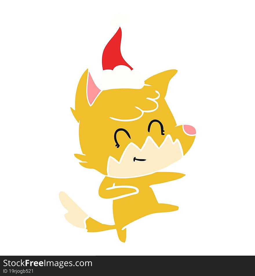 flat color illustration of a friendly fox wearing santa hat