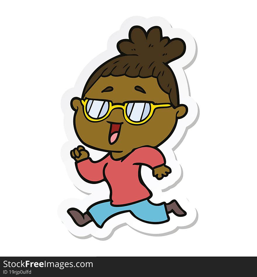 sticker of a cartoon happy woman wearing spectacles