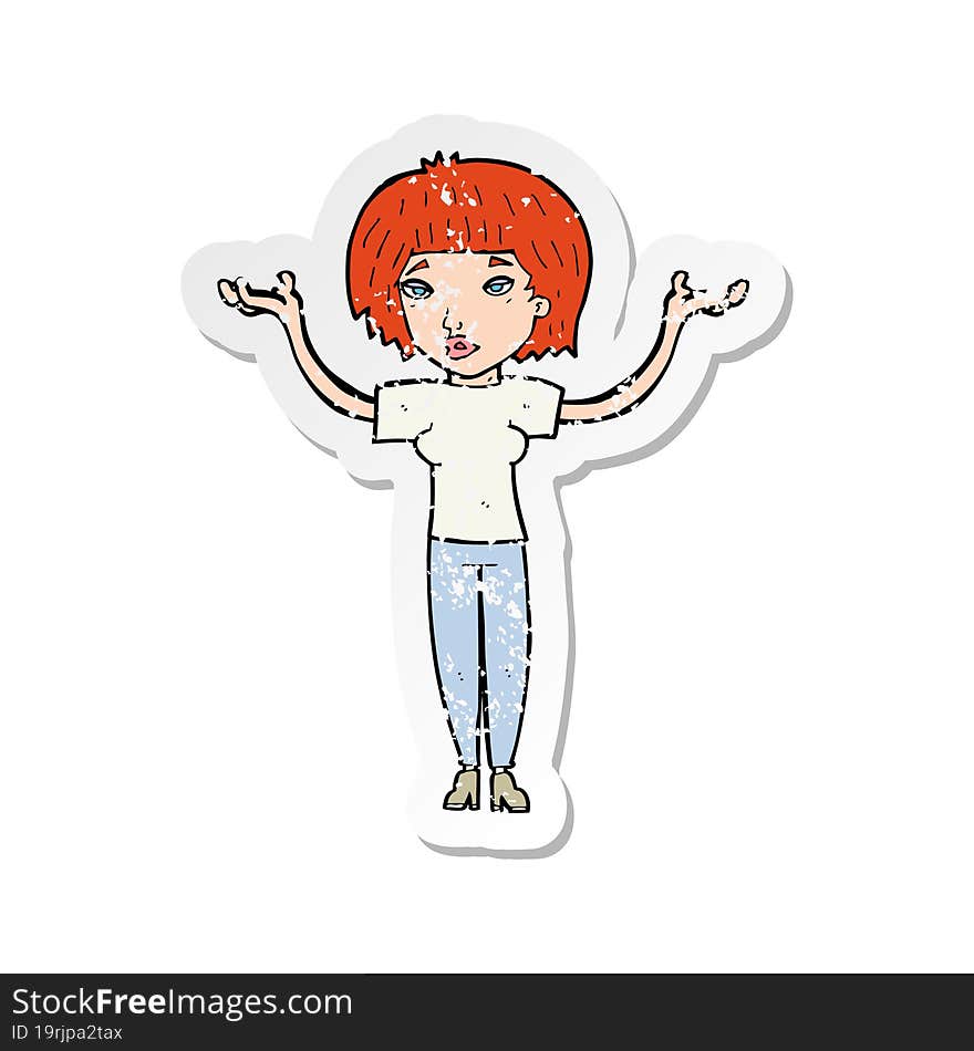 Retro Distressed Sticker Of A Cartoon Woman Shruggin Shoulders