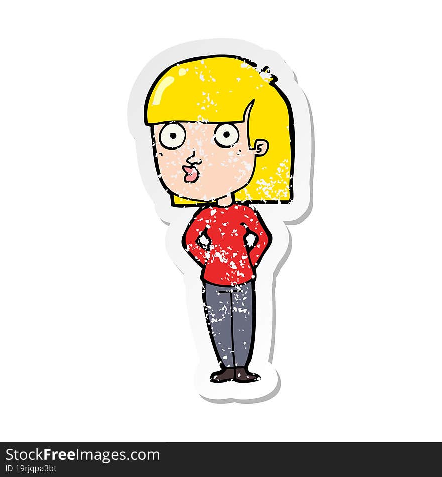 distressed sticker of a cartoon woman staring