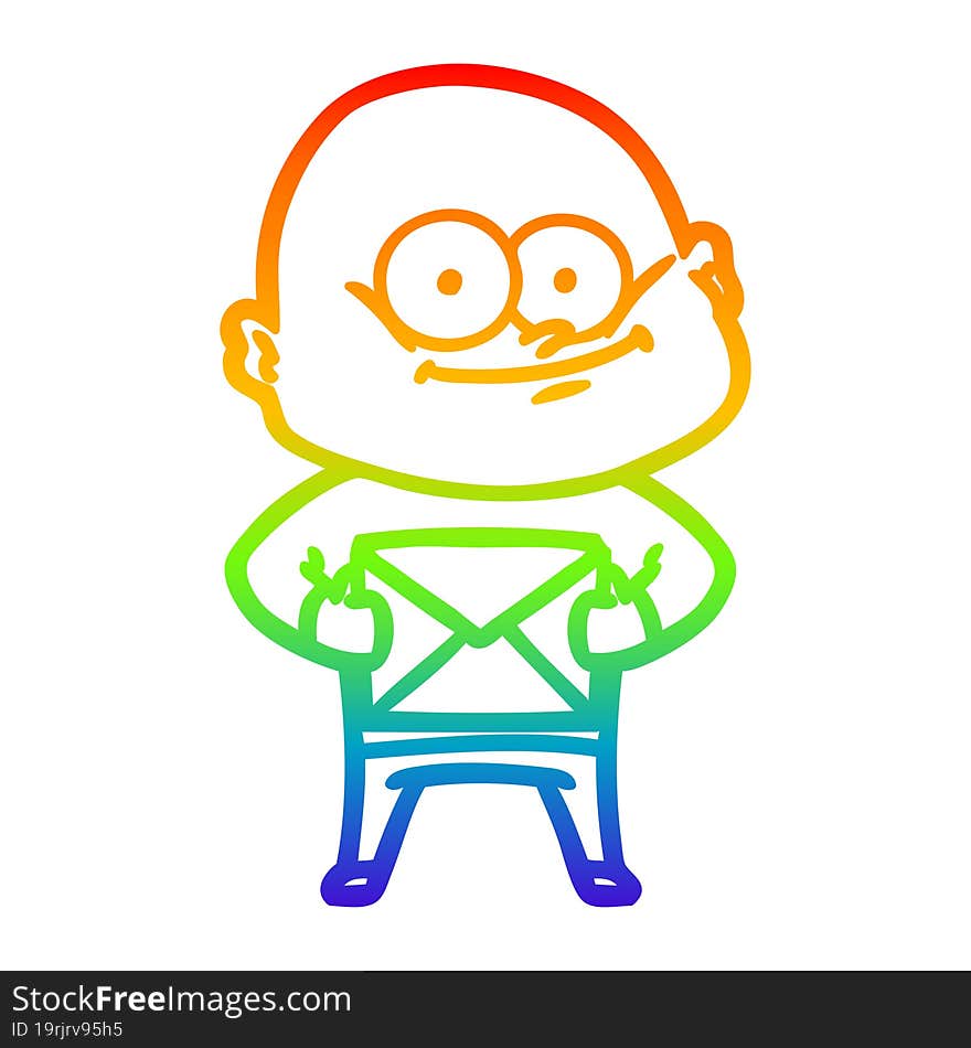 rainbow gradient line drawing cartoon bald man staring with letter