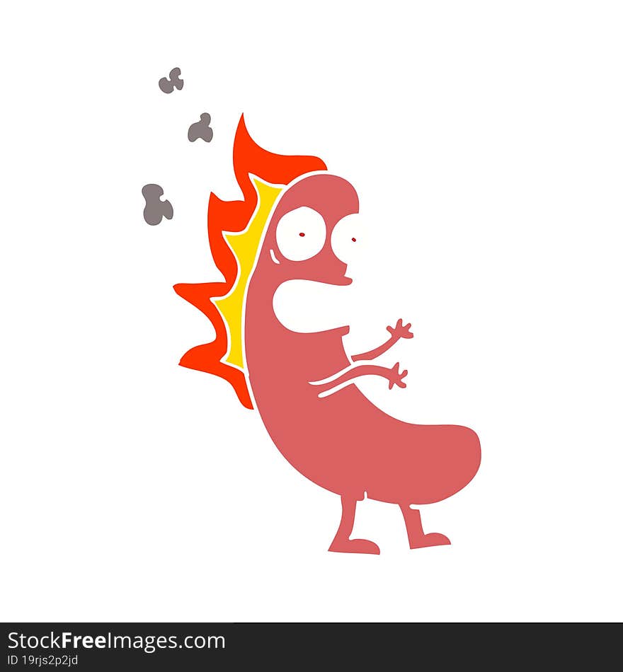 flat color illustration cartoon flaming hotdog