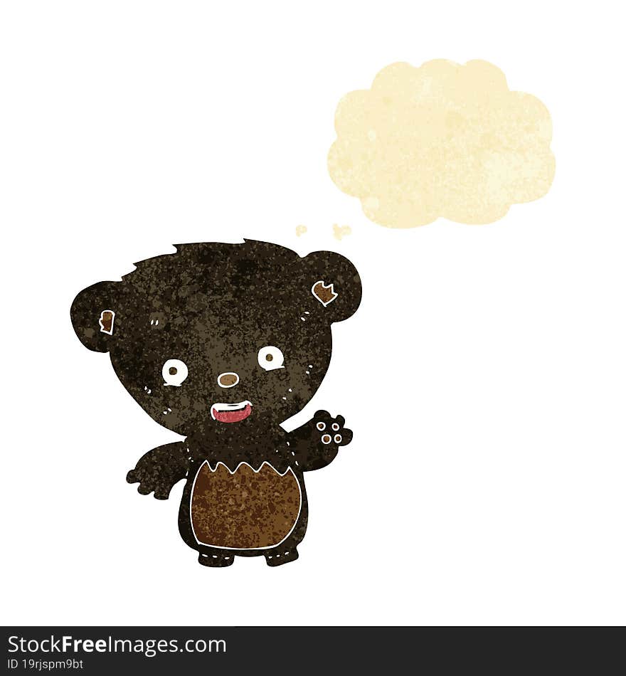 cartoon black bearcub waving with thought bubble