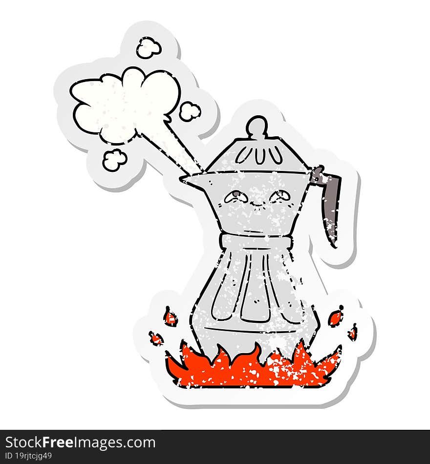 distressed sticker of a cartoon coffee pot