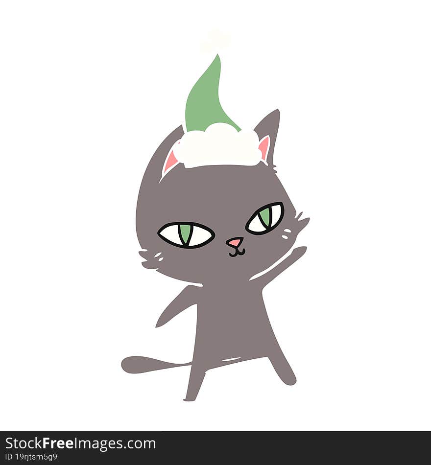 flat color illustration of a cat staring wearing santa hat