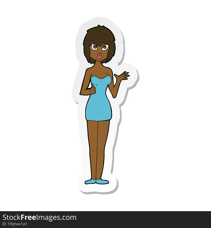 sticker of a cartoon confused woman in cocktail dress