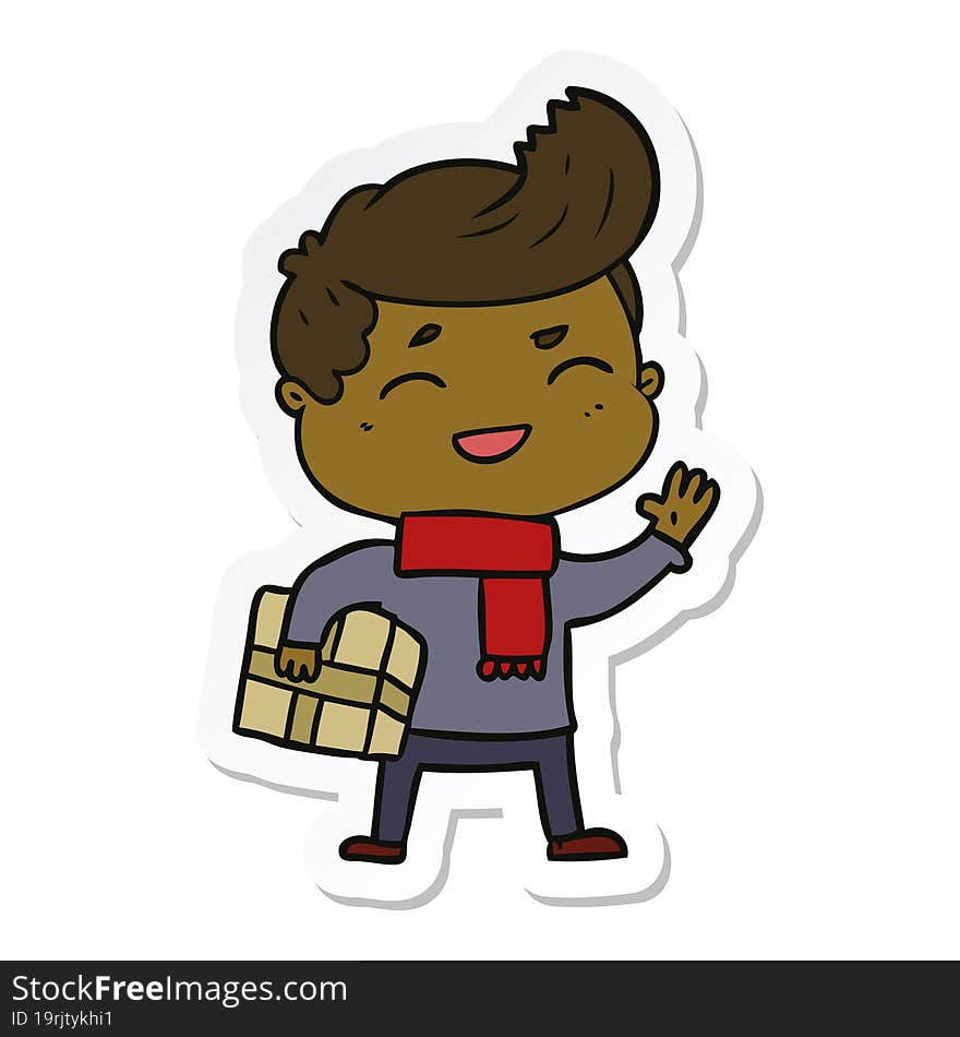 sticker of a cartoon man laughing carrying parcel