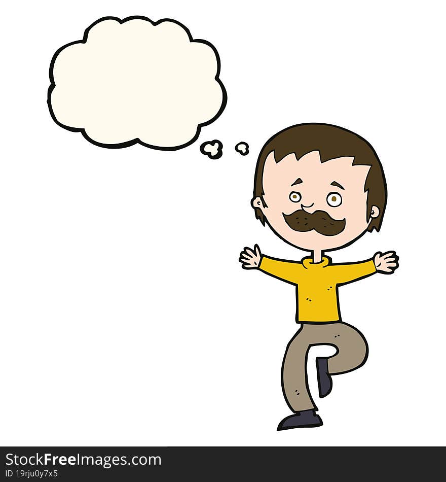 cartoon dancing man with mustache with thought bubble