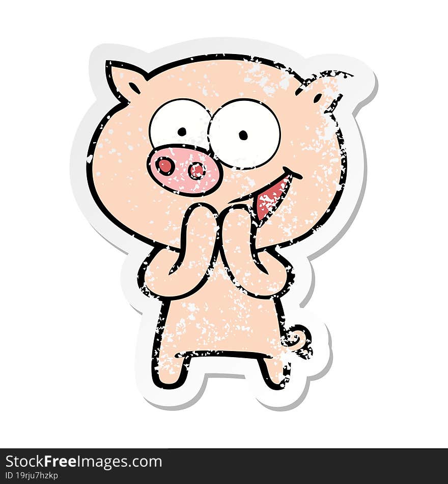 distressed sticker of a cheerful pig cartoon