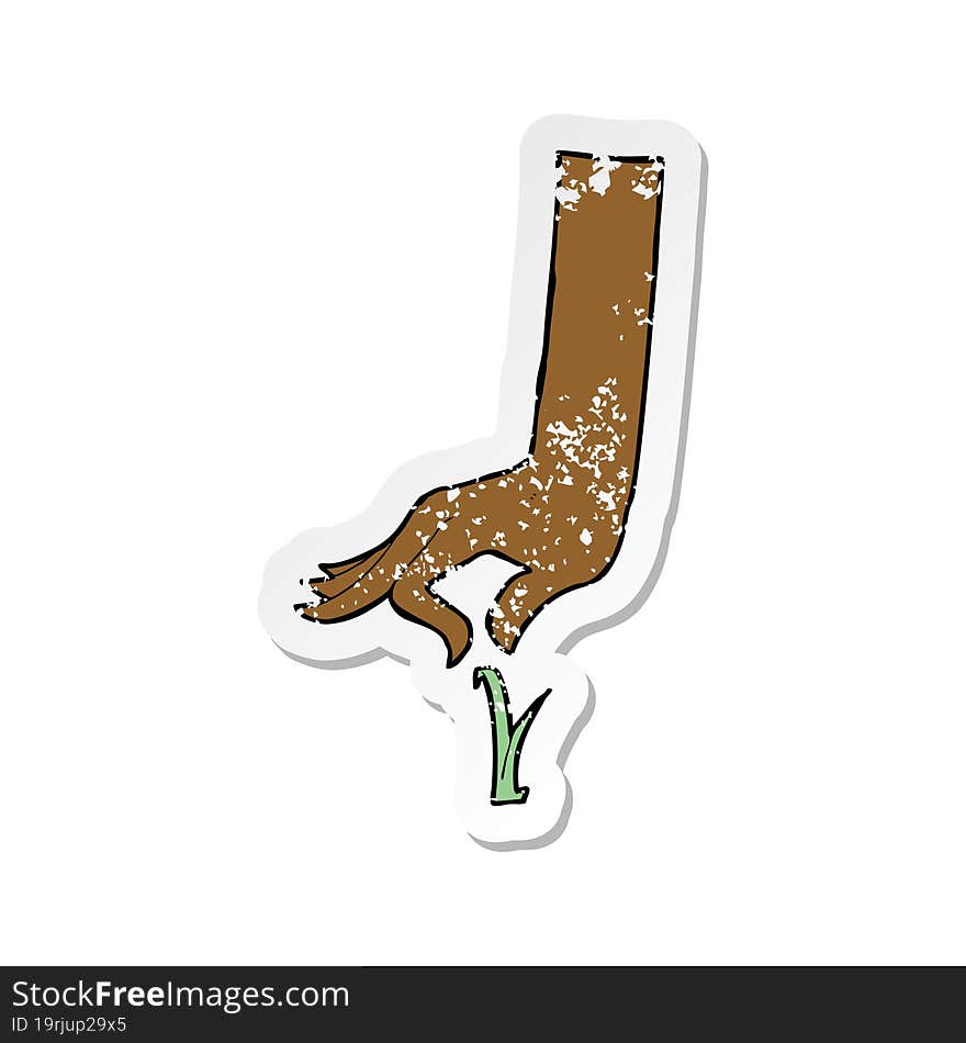 retro distressed sticker of a cartoon hand picking blade of grass