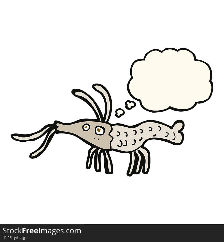 cartoon shrimp with thought bubble