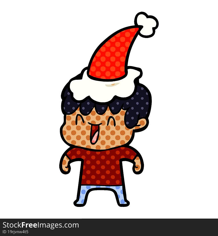 comic book style illustration of a laughing boy wearing santa hat