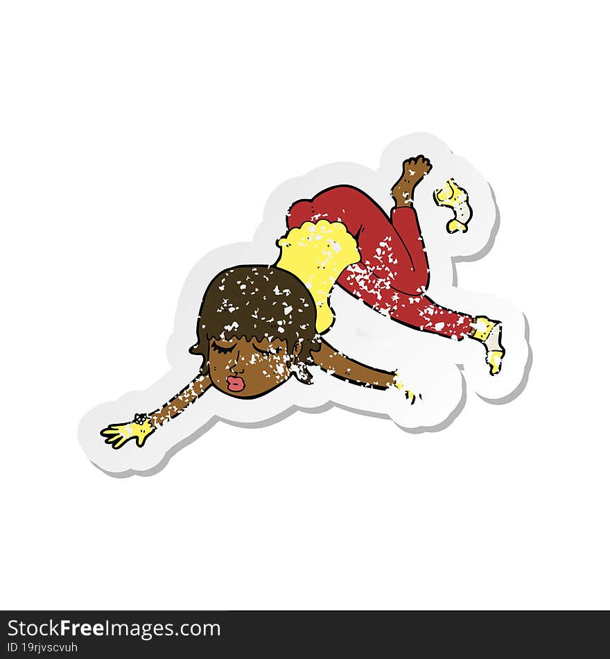 retro distressed sticker of a cartoon woman floating