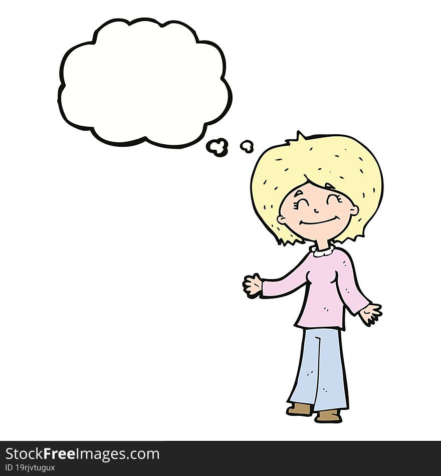 cartoon happy woman with thought bubble