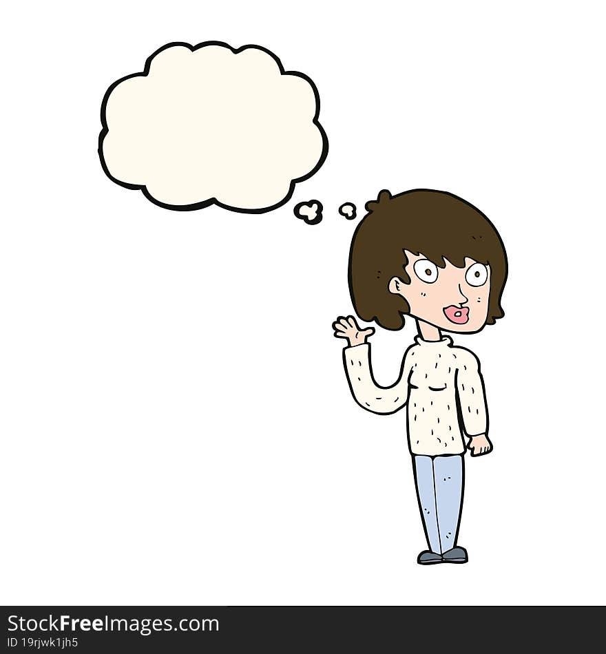 Cartoon Waving Woman With Thought Bubble