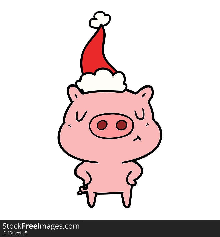 line drawing of a content pig wearing santa hat