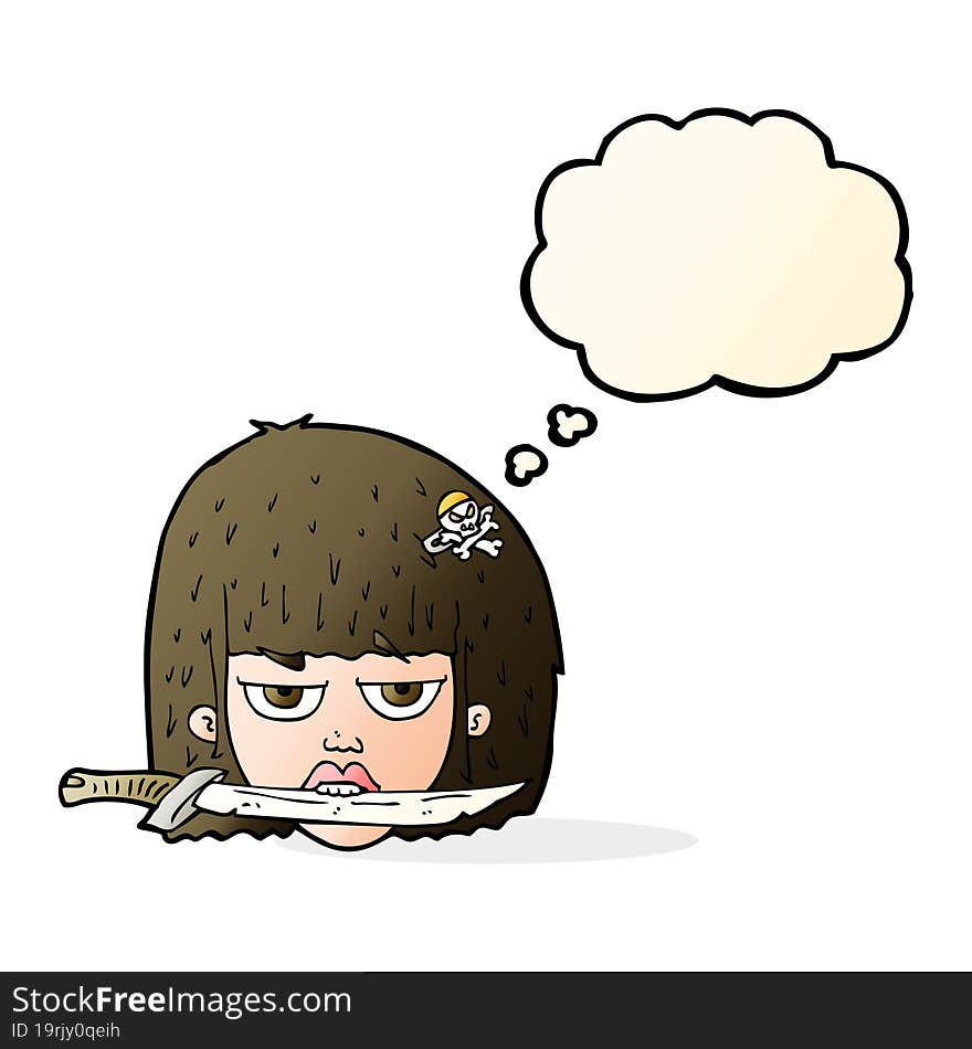 cartoon woman holding knife between teeth with thought bubble