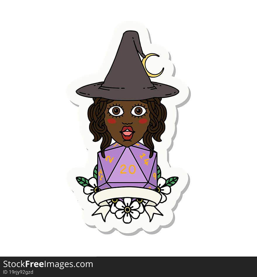 human witch with natural twenty dice roll sticker