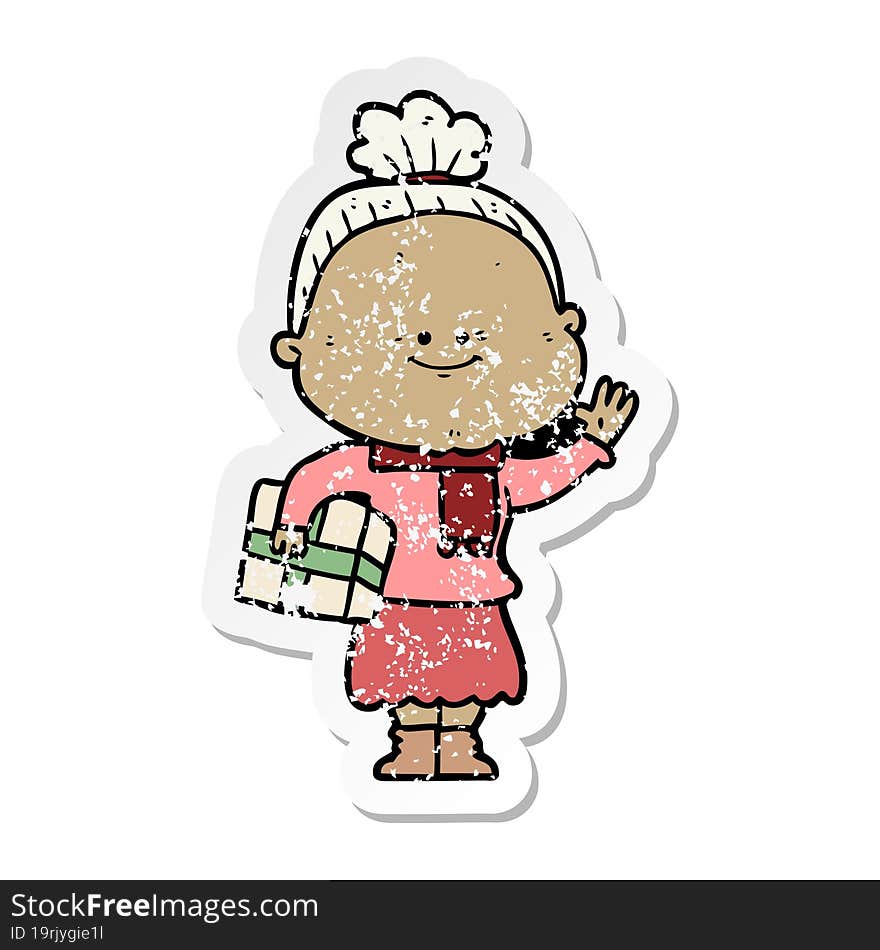 distressed sticker of a cartoon happy old woman