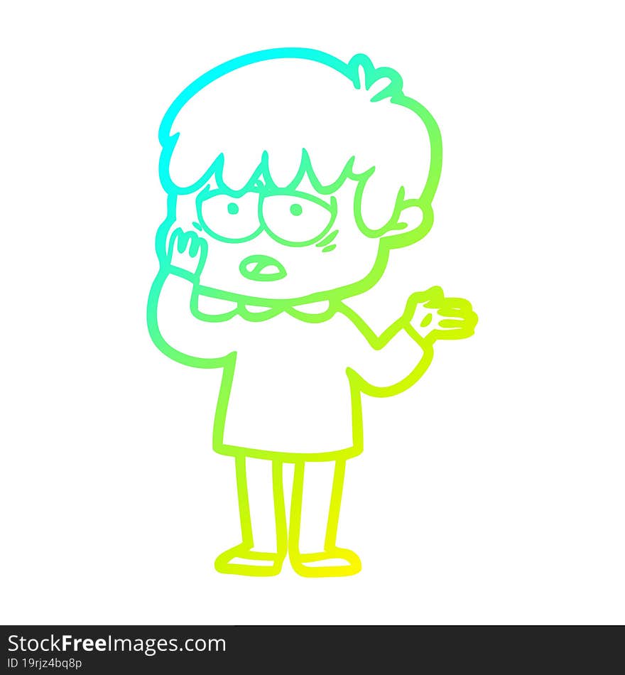 cold gradient line drawing cartoon exhausted boy