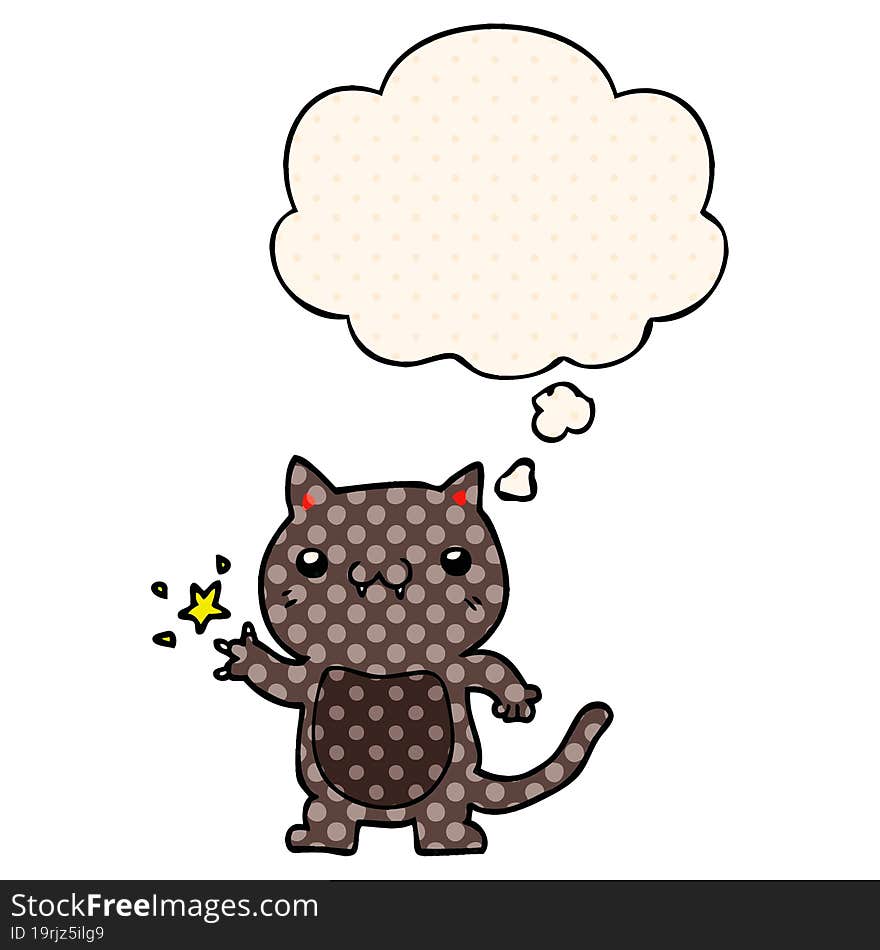 cartoon cat scratching with thought bubble in comic book style