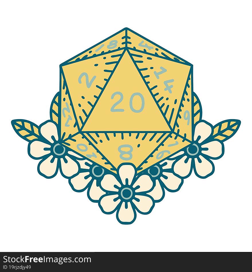 natural 20 D20 dice roll with floral elements illustration