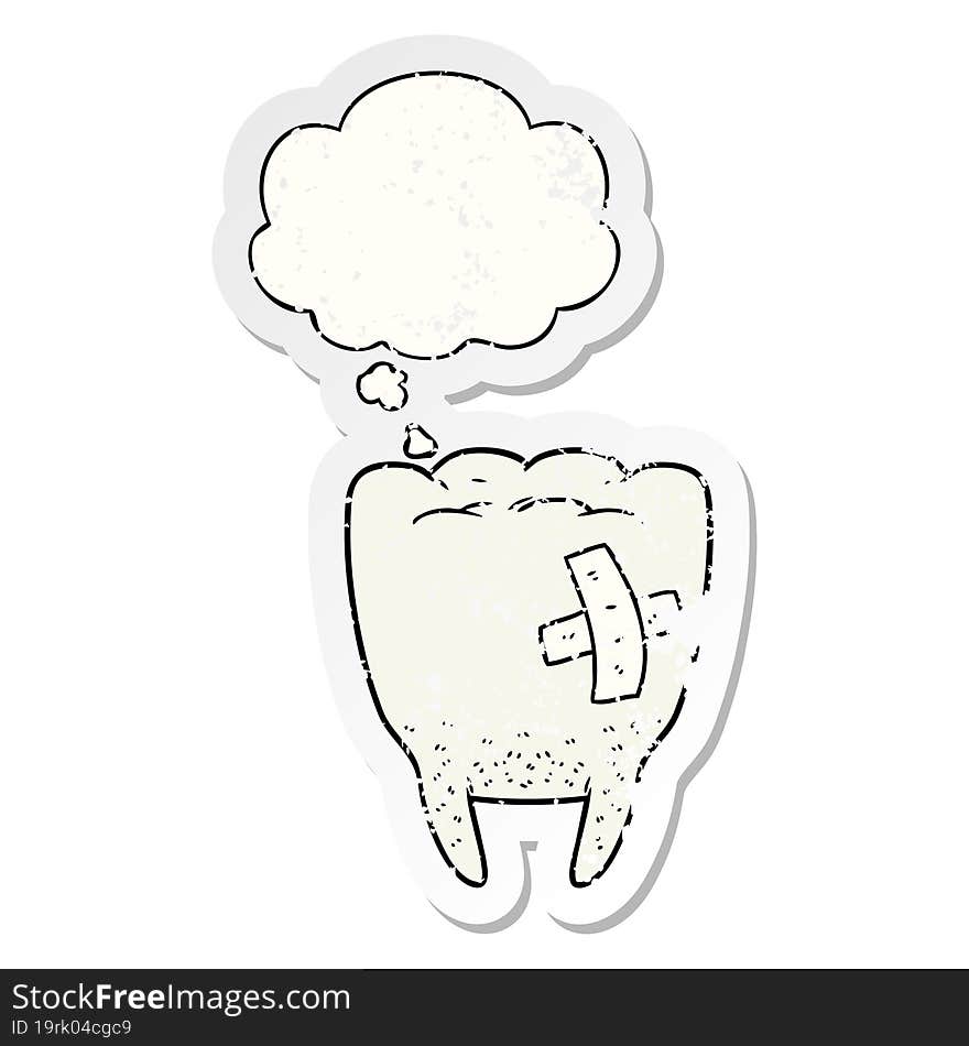 cartoon bad tooth and thought bubble as a distressed worn sticker