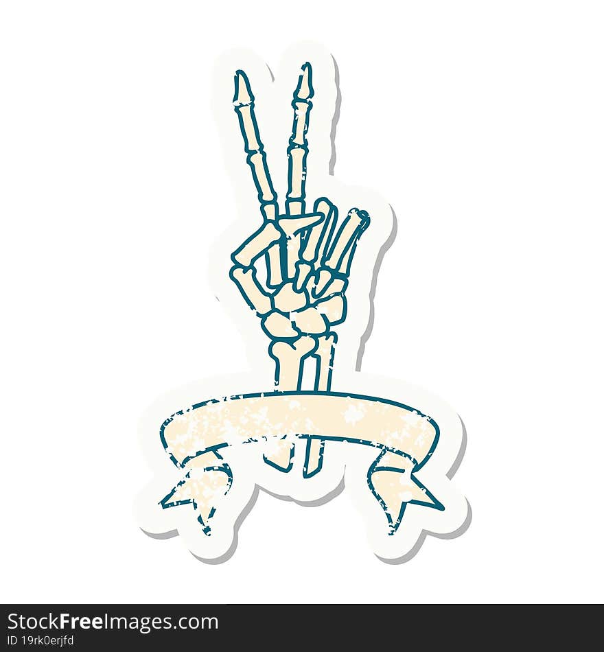 Grunge Sticker With Banner Of A Skeleton Hand Giving A Peace Sign