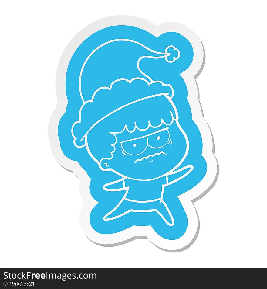 Cartoon  Sticker Of A Annoyed Man Wearing Santa Hat