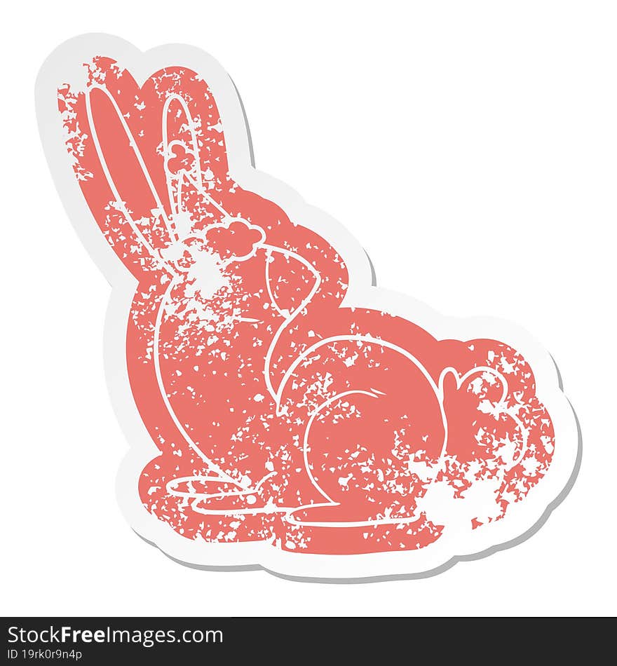 cute quirky cartoon distressed sticker of a rabbit wearing santa hat